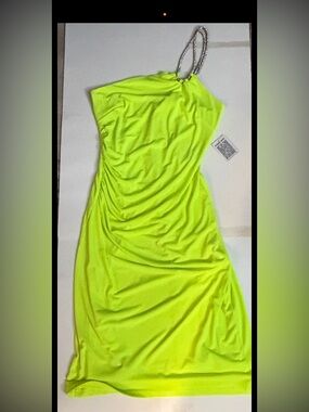 Herve Leger Neon Lime One-Shoulder Ruched Dress with Beaded Strap